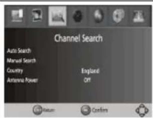 Channel Search Auto Search Manual Search Country Antenna Power England Off Return Confirm