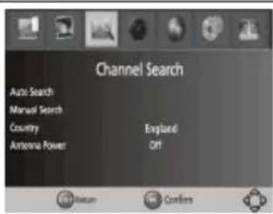 Channel Search Auto Search Manual Search Country Antenna Power England Off Return Confins