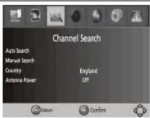 Channel Search Auto Search Manual Search Country Antenna Power England Off Return Controls