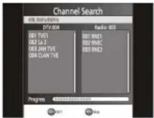Channel Search 4TB, 60Hz/8MHz DTV 004 001 TVE1 002 La 2 003 AHV TVE 004 CLAW TVE Radio 803 001 RNE1 002 RNEC 003 RNE3 Progress OK1 OK OK