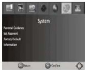 System Parental Guidance Set Password Factory Default Information Return Confirm