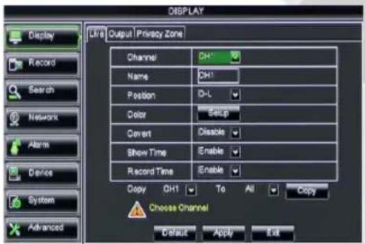 DISPLAY Display Record Search Network Alarm Device System Advanced L/R Output | Privacy Zone Channel DH1 Name DH1 Position D-L Color Setup Covert Disable Show Time Enable Record Time Enable Copy DH1 To All Copy Choose Channel Default Apply Exit