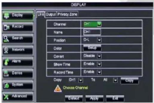 DISPLAY Display Record Search Network Alarm Device System Advanced L/R Output Privacy Zone Channel GH1 Name GH1 Position D-L Color Setup Covert Disable Show Time Enable Record Time Enable Copy DH1 To All Copy Choose Channel Default Apply Exit