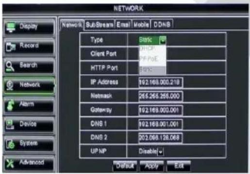 NETWORK Display Record Search Network Alarm Device Systems Advanced Network SubStream Email Mobile ODNS Type Stark Client Port HTTP HTTP Port IP Address 192.168.000.218 Netmask 265.265.265.000 Gateway 192.168.000.001 DNS 1 192.168.001.001 DNS 2 202.098.128.088 UP NP Disable↓ Default Apply Exit
