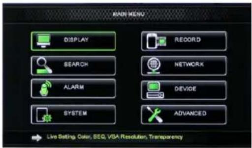 MADI MENU DISPLAY RECORD SEARCH NETWORK ALARM DEVICE SYSTEM ADVANCED Live Setting, Color, SEQ, VBA Resolution, Transparency