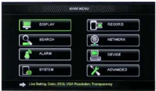 MADI MENU DISPLAY RECORD SEARCH NETWORK ALARM DEVICE SYSTEM ADVANCED Live Setting, Color, SEQ, VBA Resolution, Transparency