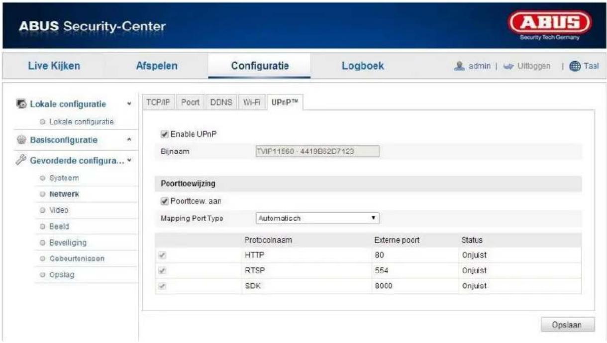 ABUS Security-Center Live Kijken Afspelen Configuratie Logboek admin | Uitfloggen | Taal TCP/IP Poort DDNS Wi-Fi UPnP™ Lokale configuratie Lokale configuratie Basisconfiguratie Gevorderde configura... Systeem Netwerk Video Beeld Beveiliging Cebourtenissen Opslag Enable UPnP Bijnaam TVIF11560 - 4419B32D7123 Poorttoewijzing Poorttcew. aan Mapping Port Type Automatisch Protocolnaam Externe poort Status HTTP 80 Onjuist RTSP 554 Onjuist SDK 8000 Onjuist Opslaan
