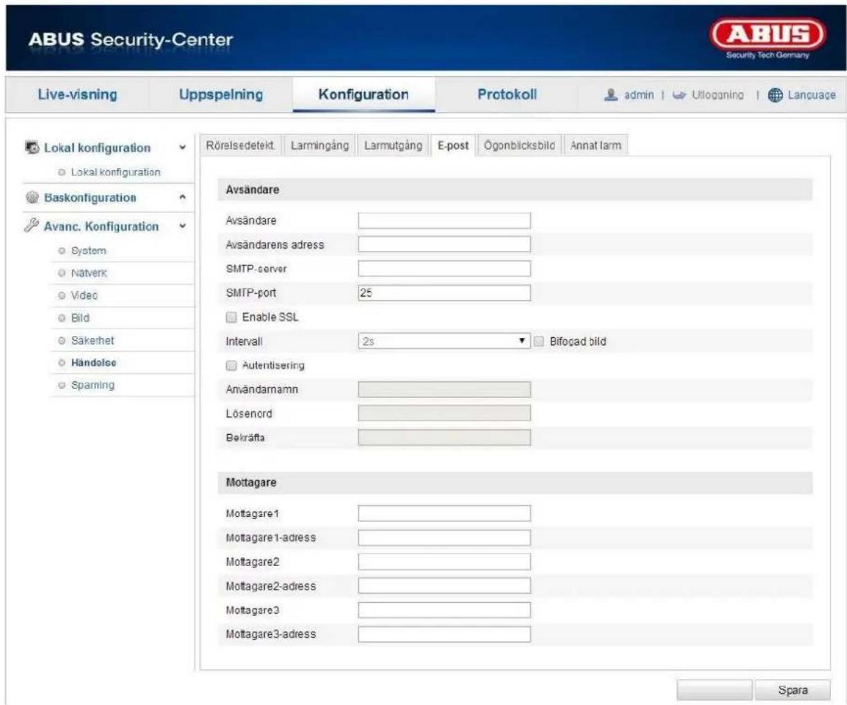 ABUS Security-Center Live-visning Uppspelning Konfiguration Protokoll admin | Uitogning | Language Rörelsedetekt Larmingång Larmutgång E-post Ögonblicksbild Annat Iarm Lokal konfiguration Lokal konfiguration Baskonfiguration Avanc. Konfiguration System Natverk Video Bild Säkerhet Händelse Spaming Avsändare Avsändare Avsändarens adress SMTP-server SMTP-port 25 Enable SSL Intervall 2s ▼ Bifogad bild Autentisering Användarnamn Lösenord Bekräfta Mottagare Mottagare1 Mottagare1-adress Mottagare2 Mottagare2-adress Mottagare3 Mottagare3-adress Spara