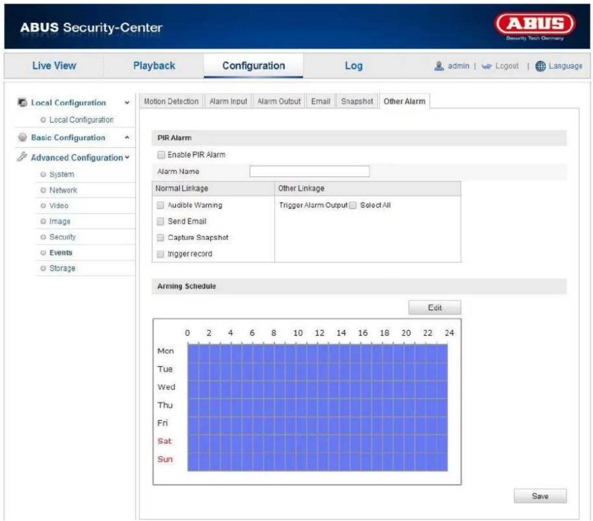 ABUS Security-Center Live View Playback Configuration\Log-admin | Logout | Language Local Configuration Local Configuration Basic Configuration Advanced Configuration System Network Video Image Security Events Storage Motion Detection Alarm Input Alarm Output Email Snapshot Other Alarm PIR Alarm Enable PIR Alarm Alarm Name Normal Linkage Other Linkage Audible Warning Trigger Alarm Output Select All Send Email Capture Snapshot trigger record Arming Schedule Edit 0 2 4 6 8 10 12 14 16 18 20 22 24 Mon Tue Wed Thu Fri Sat Sun Save