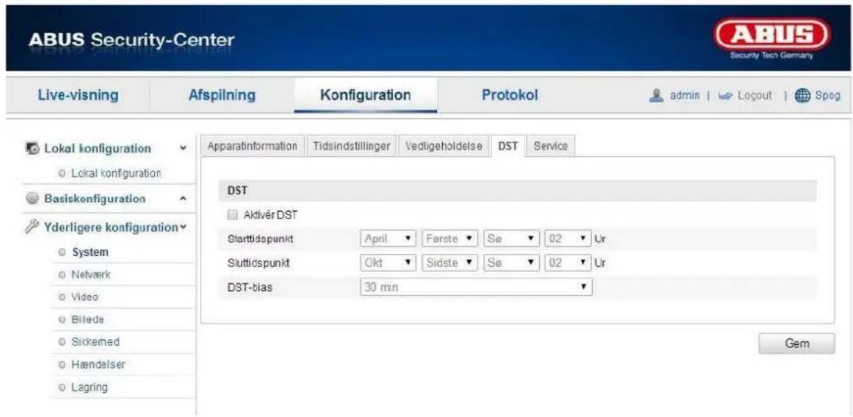 ABUS Security-Center Live-visning Afspilning Konfiguration Protokol admin | Logout | Spog Lokal konfiguration Lokal konfiguration Basiskonfiguration Yderligere konfiguration System Netværk Video Billede Sickened Hændelser Lagring Apparatinformation Tidsindstillinger Vedligeholdelse DST Service DST AktivérDST Starttidspunkt April ▼ Farste ▼ So ▼ 02 ▼ Ur Sluttidspunkt Okt ▼ Sidste ▼ So ▼ 02 ▼ Ur DST-bias 30 min Gem