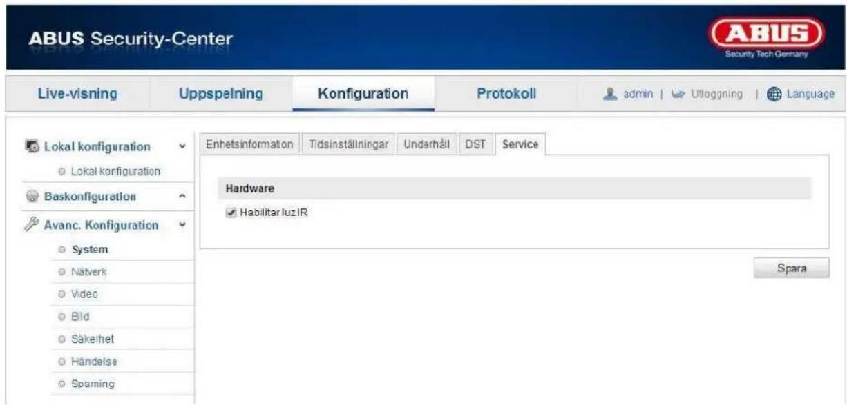 ABUS Security-Center Live-visning Uppspelning Konfiguration Protokoll admin | Ufloggning | Language Lokal konfiguration Lokal konfiguration Baskonfiguration Avanc. Konfiguration System Nätverk Videc Bild Säkerhet Händelse Spanning Enhetsinformation Tidsinställningar Underhåll DST Service Hardware Habilitar luz IR Spara