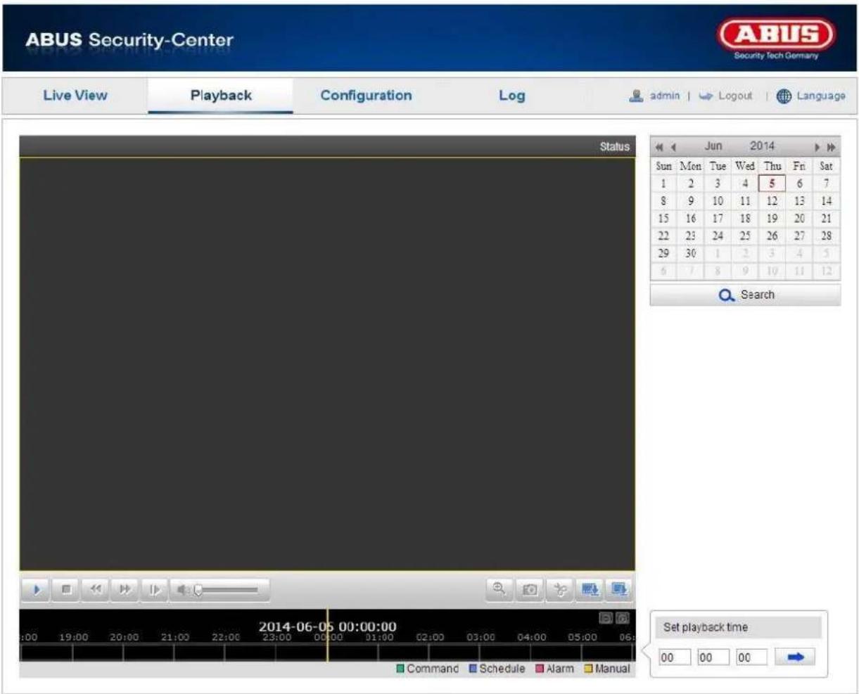 ABUS Security-Center Security Tech Germany Live View Playback Configuration\Log-admin | LogoutLanguage Status Jun 2014 Sun Mon Tue Wed Thu Fri Sat 1 2 3 4 5 6 7 8 9 10 11 12 13 14 15 16 17 18 19 20 21 22 23 24 25 26 27 28 29 30 1 2 3 4 5 6 7 8 9 10 11 12 Search 2014-06-05 00:00:00 Command Schedule Alarm Manual Set playback time 00 00 00