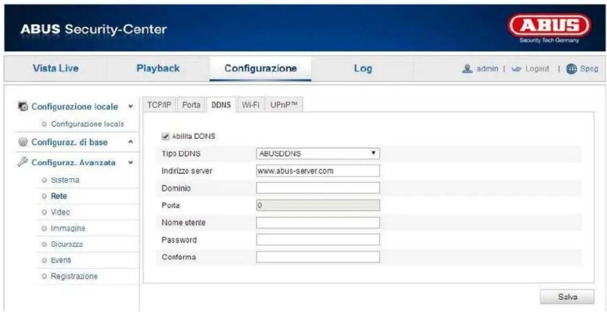 ABUS Security-Center Vista Live Playback Configurazione\Log-admin | Logout | Spog Configurazione locale Configurazione locale Configuraz. di base Configuraz. Avanzata Sistema Rete Video Immagine Sicurezza Events Registrazione TCP/IP Porta DDNS Wi-Fi UPnP™ Abilita DONS Tipo DDNS ABUSDDNS Indirizzo server www.abus-server.com Dominio Porta 0 Nome utente Password Conforma Salva