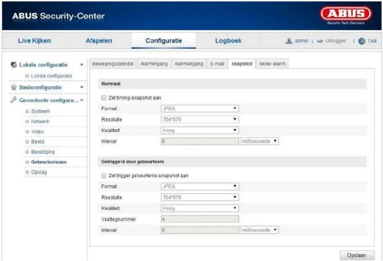 ABUS Security-Center Live Kijken Afspelen Configuratie Logboek admin | Utlloggen | Taal Lokale configuratie Lokale configuratie Basisconfiguratie Gevorderde configura... Systeem Netwerk Video Beeld Beveiliging Gebeurtenissen Opslag Bewegingsdetectie Alarmingang Alarmuitgang E-mail Snapshot Ander alarm Normaal Zet timing-snapshot aan Format: JPEG Resolutie: 704*576 Kwaliteit: Hoog Interval: 0 miliseconde Getriggerd door gebeurtenis Zet trigger gebeurtenis-snapshot aan Format: JPEG Resolutie: 704*576 Kwaliteit: Hoog Vastlegnummer: 4 Interval: 0 miliseconde Opslaan