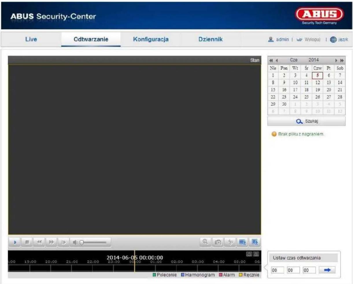 ABUS Security-Center Live Odtwarzanie Konfiguracja Dziennik admin | Wyloguj i jezyk Stan Cze 2014 Nie Pon Wt Sr Czw Pt Sob 1 2 3 4 5 6 7 8 9 10 11 12 13 14 13 16 17 18 19 20 21 22 23 24 25 26 27 28 29 30 1 2 3 4 5 6 7 8 9 10 11 12 Szukaj Brak pliku z nagraniem 2014-06-05 00:00:00 Polecenie Harmonogram Alarm Ręcznie Ustaw czas odtwarzania 00 00 00