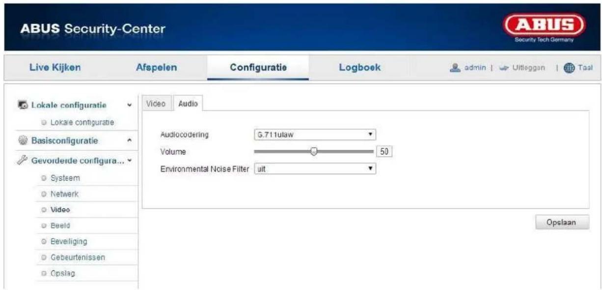 ABUS Security-Center Live Kijken Afselen Configuratie Logboek admin | Uitloggan | Taal Lokale configuratie Lokale configuratie Basisconfiguratie Gevorderde configura... System Netwerk Video Beeld Beveliging Gebeurtanissen Opslag Video Audio AudioCODERING G.711ulaw Volume 50 Environmental Noise Filter uit Opslaan