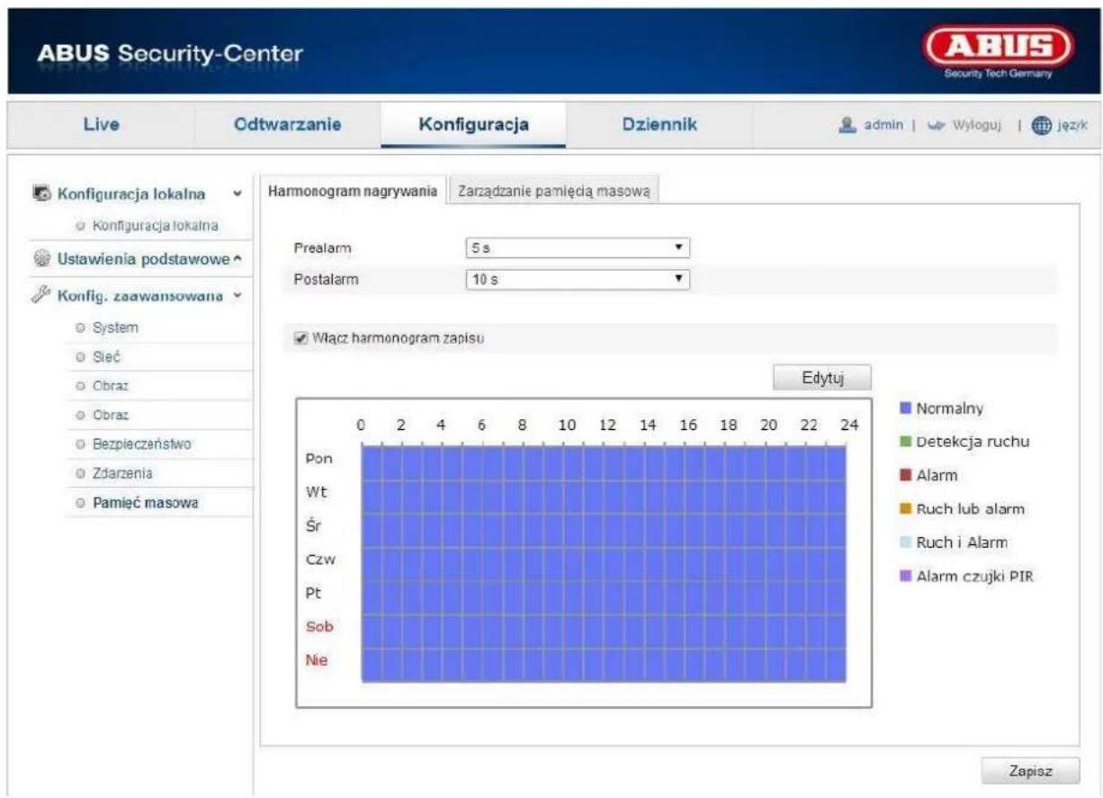 ABUS Security-Center Live Odtwarzanie Konfiguracja Dziennik admin | Wyloguj | język Konfiguracja lokalna Konfiguracja lokalna Ustawienia podstawowe Konfig. zaawansowana System Sieć Obraz Obraz Bezpieczeństwo Zdarzenia Pamięć masowa Harmonogram nagrywania Zarządzanie pamięda masową Prealarm 5 s Postalarm 10 s Włącz harmonogram zapisu Edytuj Pon Wt Śr Czw Pt Sob Ne Normaly Detekcja ruchu Alarm Ruch lub alarm Ruch i Alarm Alarm czujki PIR Zapisz