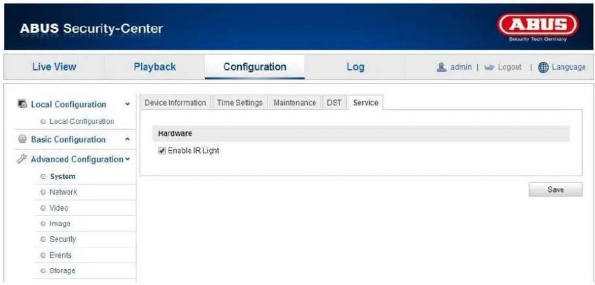 ABUS Security-Center Live View Playback Configuration Log admin | Logout | Language Local Configuration Local Configuration Basic Configuration Advanced Configuration System Network Video Image Security Events Storage Device Information Time Settings Maintenance DST Service Hardware Enable IR Light Save