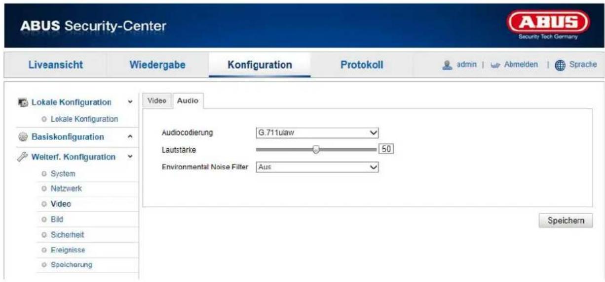ABUS Security-Center Liveansicht Wiedergabe Konfiguration Protokoll admin | Abmelden | Sprache Lokale Konfiguration Lokale Konfiguration Basiskonfiguration Weiterf. Konfiguration System Netzwerk Video Bild Sicherheit Ereignisse Speicherung Video Audio Audiocodierung G.711ulaw Lautstärke 50 Environmental Noise Filter Aus Speichern