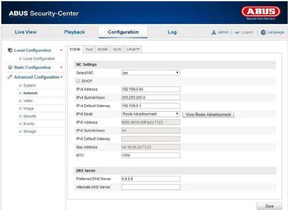 ABUS Security-Center Live View Playback Configuration\Log admin | Logout | Language Local Configuration Local Configuration Basic Configuration Advanced Configuration System Network Video Image Security Events Storage TCP/IP Port DDNS Wi-Fi LIPnP™ NIC Settings SelectNIC lan DHCP IPv4 Address 192.168.0.64 IPv4 Subnet Mask 255.255.255.0 IPv4 Default Gateway 192.168.0.1 IPv6 Mode Route Advertisement View Route Advertisement IPv6 Address fd00:4619:b6ff:fe2d:7123 IPv6 Subnet Mask 64 IPv6 Default Gateway Mac Address 44:19:b6:2d:71:23 MTU 1500 DNS Server Preferred DNS Server 8.8.8.8 Alternate DNS Server Save