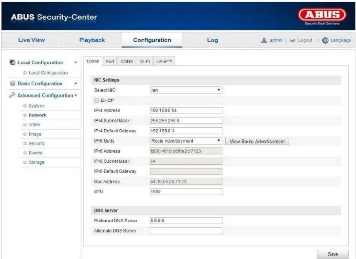 ABUS Security-Center Live View Playback Configuration\Log admin | Logout | Language Local Configuration Local Configuration Basic Configuration Advanced Configuration System Network Video Image Security Events Storage TCP/IP Port DDNS Wi-Fi LIPnP™ NIC Settings Select NIC lan DHCP IPv4 Address 192.168.0.64 IPv4 Subnet Mask 255.255.255.0 IPv4 Default Gateway 192.168.0.1 IPv6 Mode unmode Route Advertisement View Route Advertisement IPv6 Address fd00:4619:b6ff:fe2d:7123 IPv6 Subnet Mask 64 IPv6 Default Gateway Mac Address 44:19:b6:2d:71:23 MTU 1500 DNS Server Preferred DNS Server 8.8.8.8 Alternate DNS Server Save