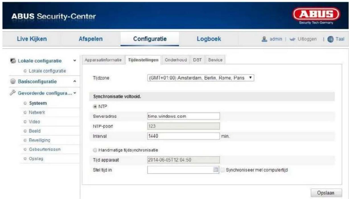 ABUS Security-Center Live Kijken Afspelen Configuratie Logboek admin | Uitloggen | Taal Lokale configuratie Lokale configuratie Basisconfiguratie Gevorderde configura... Systeem Netwerk Video Beeld Beveiliging Gebourtenlozen Opslag Apparaatinformatie Tijdinstellingen Cnderhoud DST Service Tijdzone (GMT+01:00) Amsterdam, Berlin, Rome, Paris Synchronisatie voltooid. NTP Serveradres time.windows.com NTP-poori 123 Interval 1440 min. Handmatige tijdsynchronisatie Tijd apparaat 2014-06-05T12:04:50 Stel tijd in Synchroniseer met computertijd Opslaan