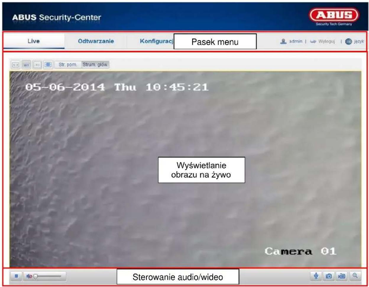 ABUS Security-Center Live Odtwarzanie Konfiguracji Pasek menu admin | Wyłoguj i język Str. pom. Strum. głów. 05-06-2014 Thu 10:45:21 Wyświetlanie obrazu na żywo Camera 01 Sterowanie audio/wideo