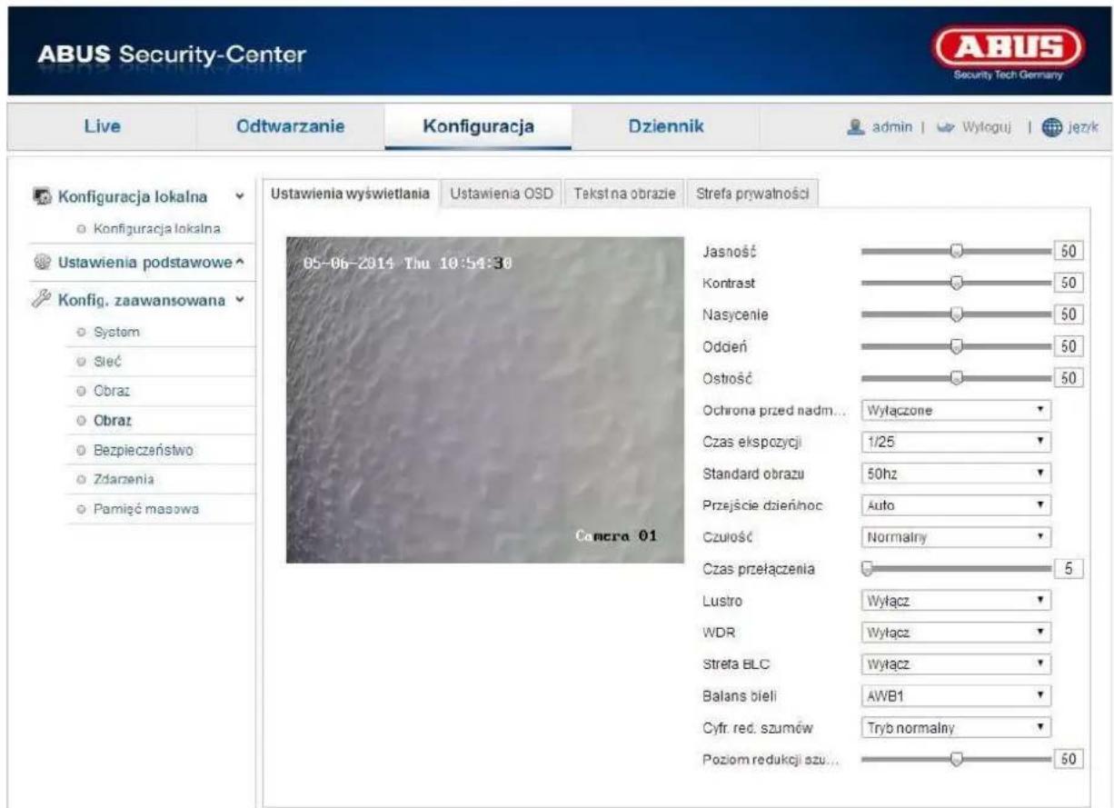 ABUS Security-Center Live Odtwarzanie Konfiguracja Dziennik admin | Wyloguj | język Konfiguracja lokalna ○ Konfiguracja lokalna Ustawienia podstawowe ○ Konfig. zaawansowana ○ System ○ Sieć ○ Obraz ○ Obraz ○ Bezpieczeństwo ○ Zdarzenia ○ Pamięć masowa Ustawienia wyświetlania Ustawienia OSD Tekst na obrazie Strefa prywatności 05-06-2014 Thu 10:54:30 Jasność 50 Kontrast 50 Nasycenie 50 Oddień 50 Ostrość 50 Ochrona przed nadm... Wyłączone Czas ekspozycji 1/25 Standard obrazu 50hz Przejście dzieńhoc Auto Czulność Normalny Czas przełączenia 5 Lustro Wyłącz WDR Wyłącz Strefa BLC Wyłącz Balans bieli AWB1 Cyfr. red. szumów Tryb normalny Poziom redukcji szu... 50