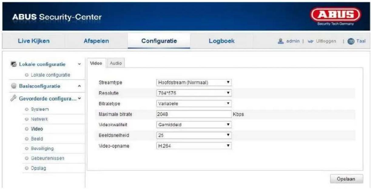 ABUS Security-Center Live Kijken Afspelen Configuratie Logboek admin | Uitloggen | Taal Lokale configuratie Lokale configuratie Basisconfiguratie Gevorderde configura... Systeem Netwerk Video Beeld Bevailiging Gebeurenissen Opslag Video Audio Streamtype Hoofdstream (Normaal) Resolutie 704*576 Bitratetype Variabele Maximale bitrate 2048 Kbps Videokwaliteit Gemiddeld Beeldsnelheid 25 Video-opname H264 Opslaan