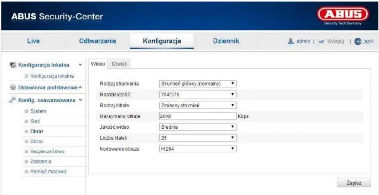 ABUS Security-Center Live Odtwarzanie Konfiguracja Dziennik admin | Wyloguj | język Konfiguracja lokalna ○ Konfiguracja lokalna Ustawienia podstawowe Konfig. zaawansowana ○ System ○ Sieć ○ Obraz ○ Obraz ○ Bezpieczeństwo ○ Zdarzenia ○ Pamięć masowa Wideo Dźwięk Rodzaj strumienia Strumień główny (normalny) Rozdzielczość 704*576 Rodzaj bitrate Zmienny strumień Maksymalny bitrate 2048 Kbps Jakość wideo Średnia Liczba klatek 25 Kodowanie obrazu H264 Zapisz