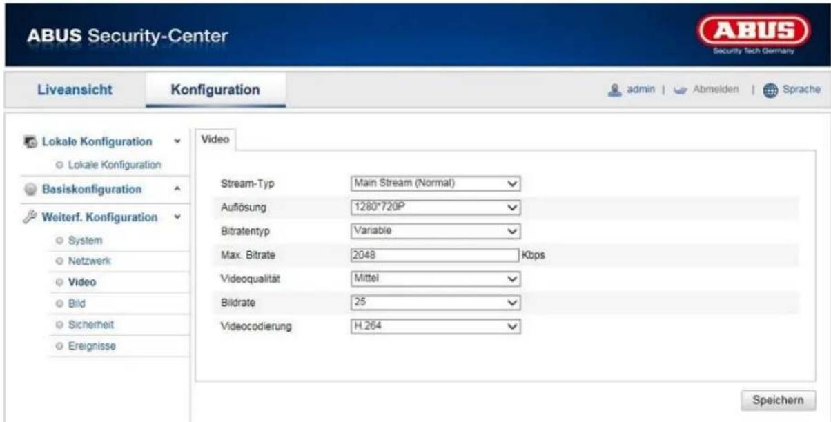 ABUS Security-Center Liveansicht Konfiguration admin Abmelden Sprache Lokale Konfiguration Lokale Konfiguration Basiskonfiguration Weiterf. Konfiguration System Netzwerk Video Bild Sicherheit Ereignisse Video Stream-Typ Main Stream (Normal) Auflösung 1280*720P Bitratentyp Variable Max. Bitrate 2048 Kbps Videqualität Mittel Bildrate 25 Videocodierung H.264 Speichern