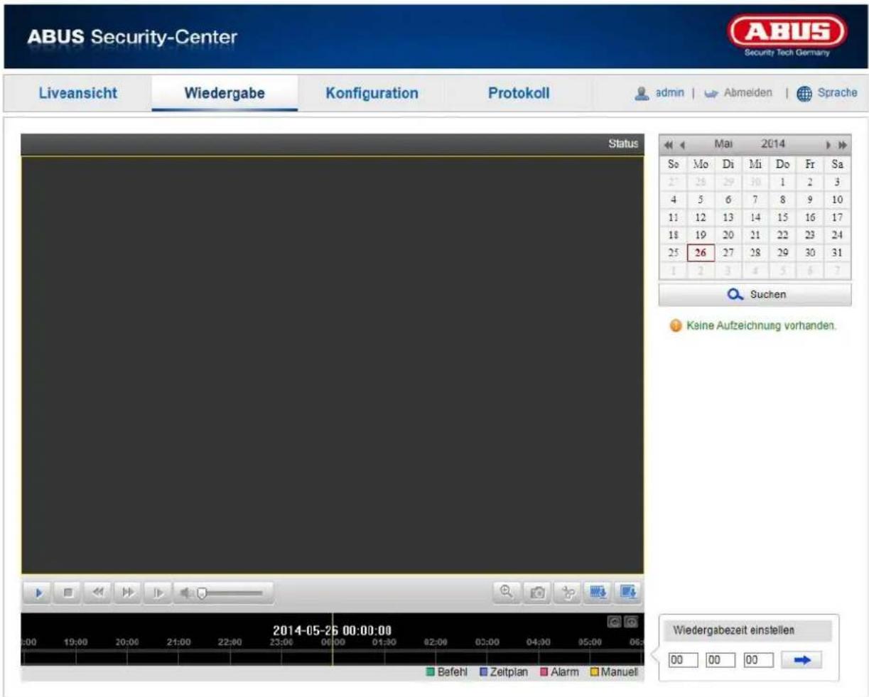 ABUS Security-Center Liveansicht Wiedergabe Konfiguration Protokoll admin | Abmeiden | Sprache Status So Mo Di Mi Do Fr Sa 27 28 29 30 1 2 3 4 5 6 7 8 9 10 11 12 13 14 15 16 17 18 19 20 21 22 23 24 25 26 27 28 29 30 31 1 2 3 4 5 6 7 Suchen Keine Aufzeichnung vorhanden. 2014-05-26 00:00:00 Wiedergabezeit einstellen 00 00 00