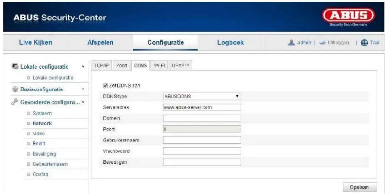 ABUS Security-Center Live Kijken Afspelen Configuratie Logboek admin | Uitloggen | Taal TCP/IP Poort DDNS Wi-Fi UPnP™ Lokale configuratie Lokale configuratie Basisconfiguratie Gevorderde configura... Systeem Network Video Beeld Beveiliging Gebeurtenissen Opslag ZetDDNS aan DDNS-type ABUSDDNS Serveradres www.abus-server.com Domein Poort 0 Gebruikersnaam Wachtwoord Bevestigen Opslaan