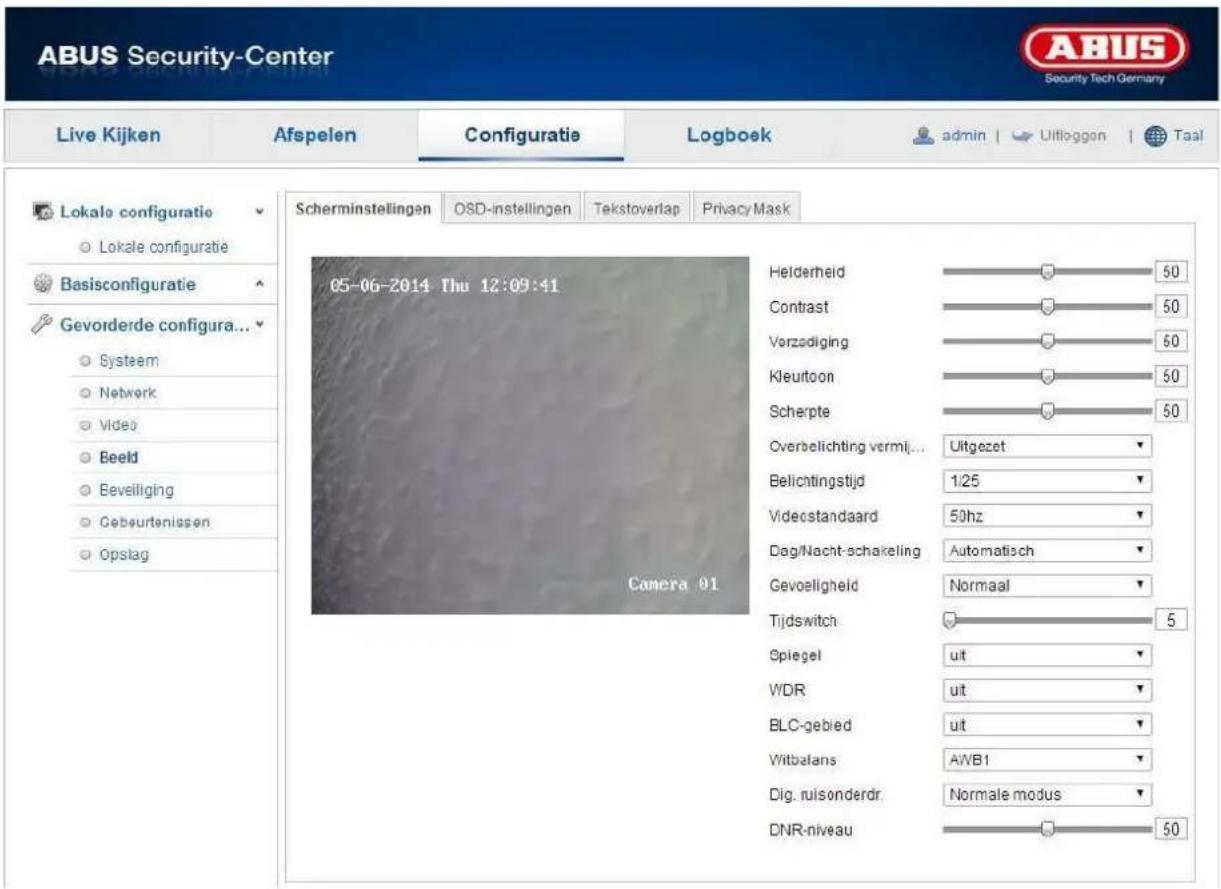 ABUS Security-Center Live Kijken Afspelen Configuratie Logboek admin | Uitloggen | Taal Lokale configuratie Lokale configuratie Basisconfiguratie Gevorderde configura... Systeem Network Video Beeld Beveiliging Gebeurtanissen Opslag Scherminstellingen OSD-instellingen Tekstoverlap Privacy Mask 05-06-2014 Thu 12:09:41 Helderheid Contrast Verzadiging Kleurtoon Scherpte Overbelichting verml... 50 Uitgezet Belichtingstijd 1/25 Videcstandaard 50hz Dag/Nacht-schakeling Automatisch Gevoeligheld Normaal Tijdswitch 5 Spiegel ut WDR ut BLC-gebied ut Witbalans AWB1 Dig. ruisonderdr. Normale modus DNR-niveau 50