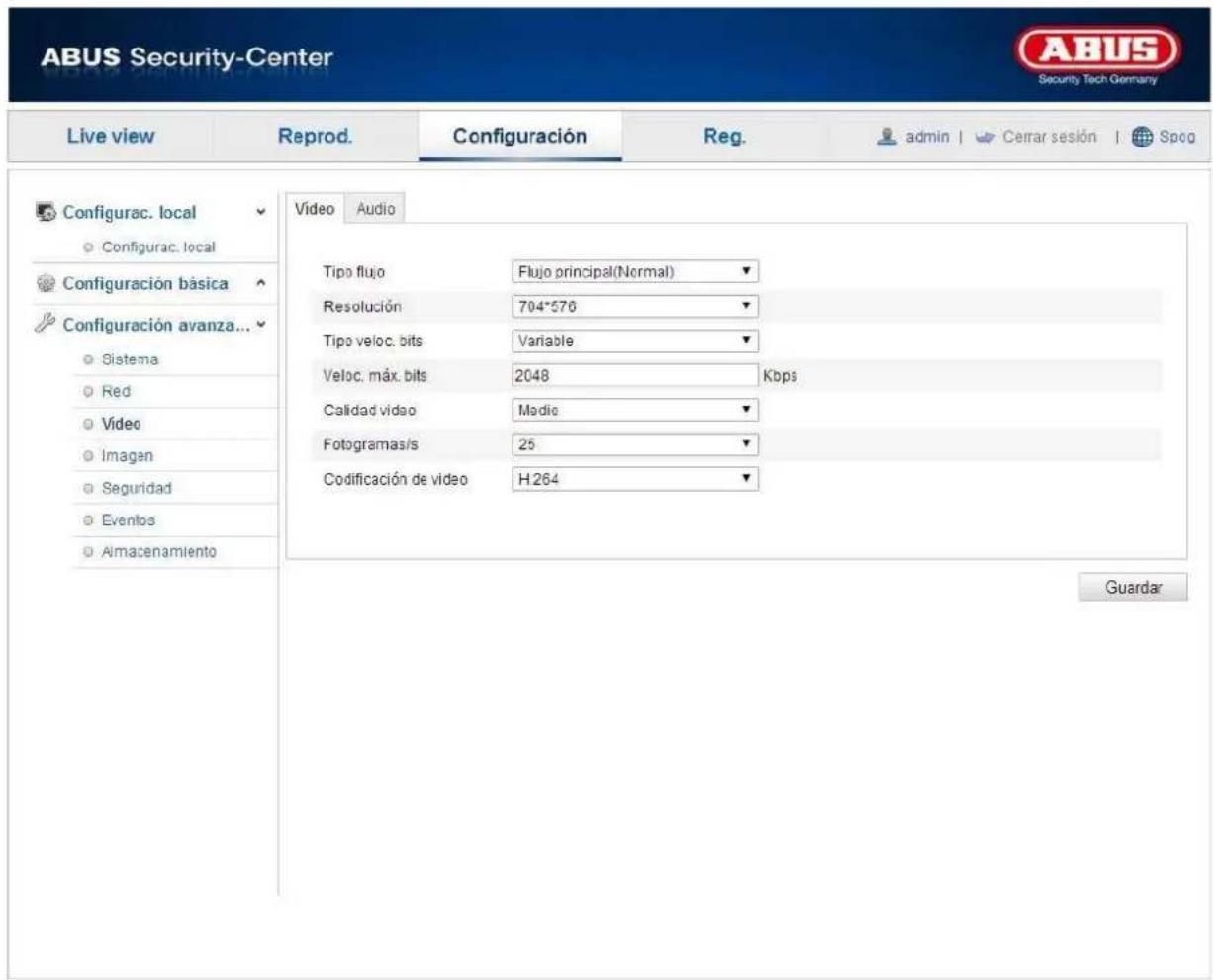 ABUS Security-Center Live view Reprod. Configuración Reg. admin | Cerrar sesión | Spoo Configurac. local Configurac. local Configuración básica Configuración avanza... Sistema Red Video Imagen Seguridad Eventos Aimacenamiento Video Audio Tipo flujo Flujo principal(Normal) Resolución 704*576 Tipo veloc. bits Variable Veloc. máx. bits 2048 Kbps Calidad video Medio Fotogramas/s 25 Codificación de video H264 Guardar
