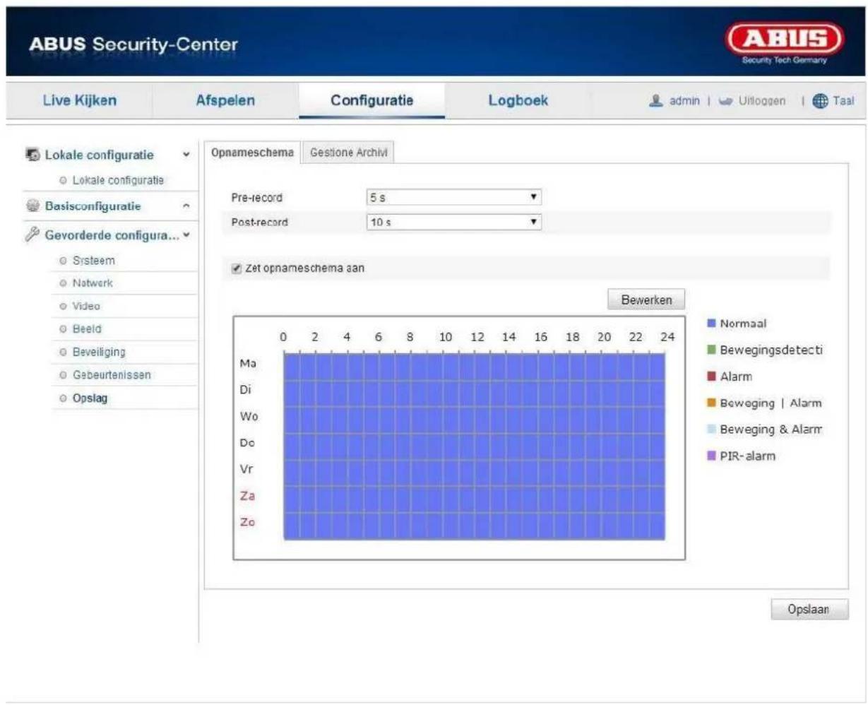 ABUS Security-Center Live Kijken Afspelen Configuratie Logboek admin | Uitloggen | Taal Lokale configuratie Lokale configuratie Basisconfiguratie Gevorderde configura... Srsteem Natwerk Video Beeld Beveiliging Gebeurtenissen Opslag Opnameschema Gestione Archivi Pre-record 5 s Post-record 10 s Zet opnameschema aan Bewerken Ma Di Wo Do Vr Za Zo Normaal Bewegingsdetecti Alarm Beweging | Alarm Beweging & Alarm PIR-alarm Opslaan
