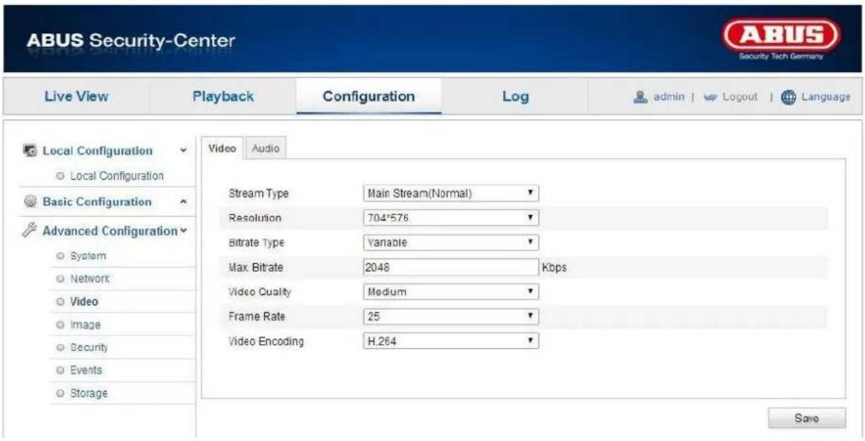 ABUS Security-Center Security Tech Germany Live View Playback Configuration Log admin | Logout | Language Local Configuration ○ Local Configuration Basic Configuration Advanced Configuration ○ System ○ Network ○ Video ○ Image ○ Security ○ Events ○ Storage Video Audio Stream Type Main Stream(Normal) Resolution 704*576 Bitrate Type Variable Max Bitrate 2048 Kbps Video Cuality Medium Frame Rate 25 Video Encoding H.264 Save