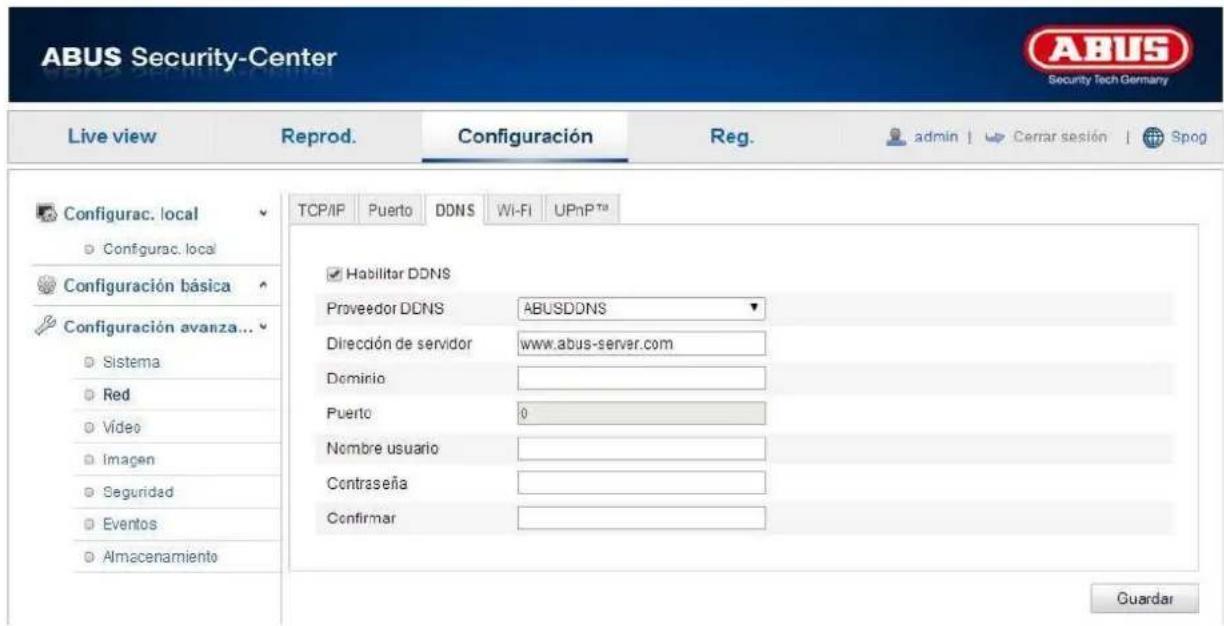 ABUS Security-Center Live view Reprod. Configuración Reg. admin | Cerrar sesión Spog Configurac. local Configurac. local Configuración básica Configuración avanza... Sistema Red Video Imagen Seguridad Eventos Almacenamiento TCP/IP Puerto DDNS Wi-Fi UPnP Ta Habilitar DDNS Proveedor DDNS ABUSDDNS Dirección de servidor www.abus-server.com Dominio Puerto 0 Nombre usuario Contraseña Confirmar Guardar