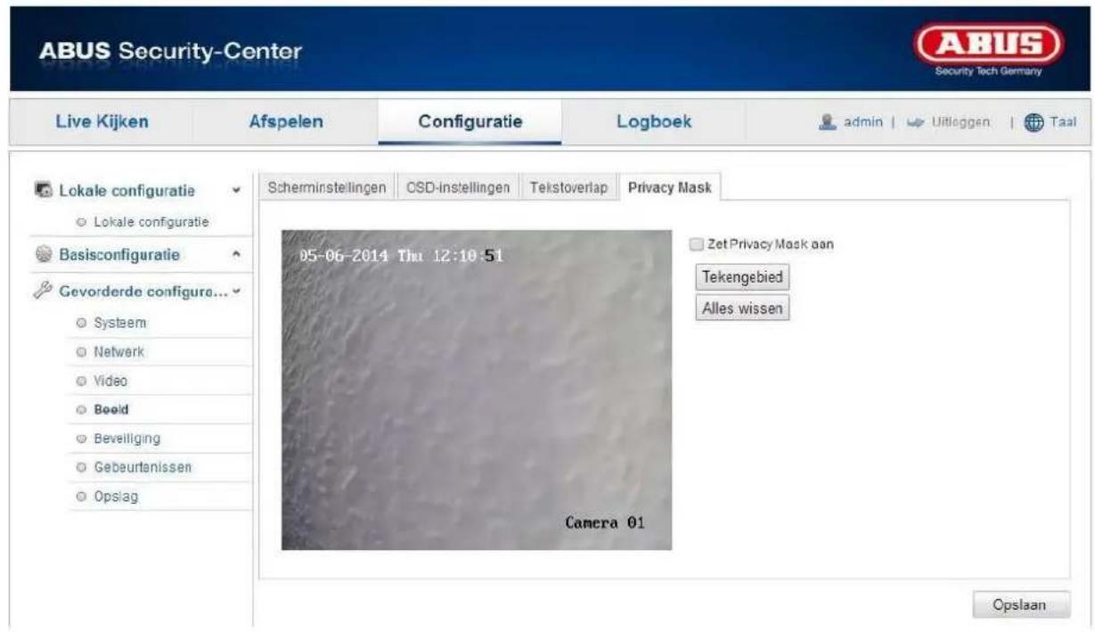 ABUS Security-Center Live Kijken Afspelen Configuratie Logboek admin | Uitleggen | Taal Lokale configuratie Lokale configuratie Basisconfiguratie Gevorderde configura... Systaem Netwerk Video Beeld Beveiliging Gebeurtanissen Opslag Scherminstellingen CSD-instellingen Tekstoverlap Privacy Mask 05-06-2014 Thu 12:10:51 Zet Privacy Mask aan Tekengebied Alles wissen Camera 01 Opslaan
