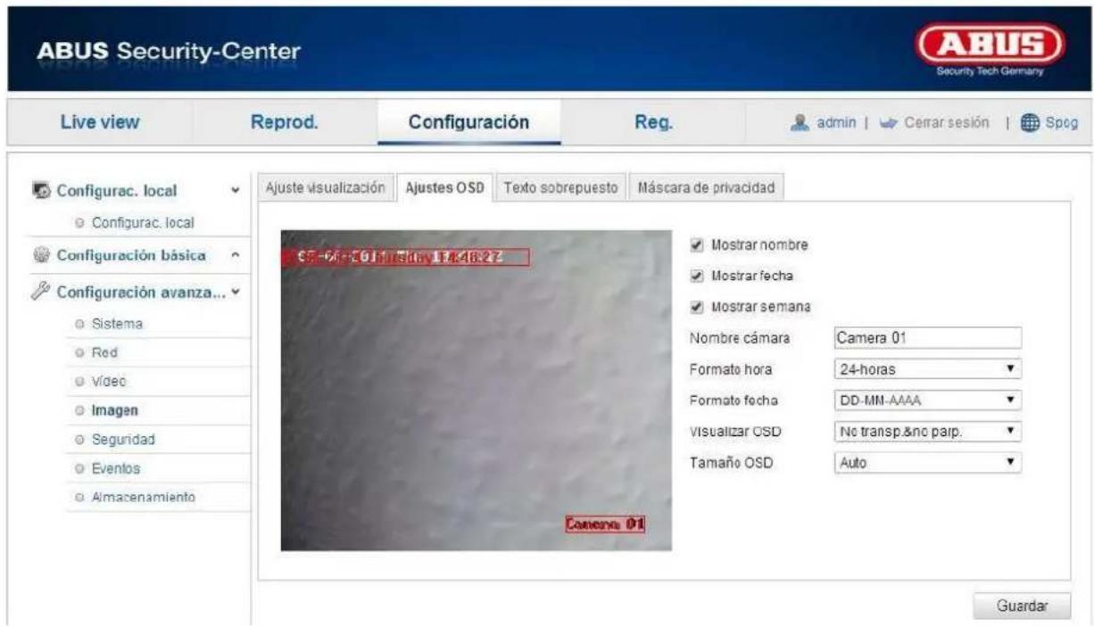 ABUS Security-Center Live view Reprod. Configuración Reg. admin | Cerrar sesión | Spog Configurac. local Configurac. local Configuración básica Configuración avanza... Sistema Red Vídec Imagen Seguridad Eventos Almacenamiento Ajuste visualización Ajustes OSD Texto sobrepuesto Máscara de privacidad C7-04-20 Friday 14:46:27 Camera 01 Mostrar nombre Mostrar fecha Mostrar semana Nombre cámara Camera 01 Formato hora 24-horas Formate fecha DD-MM-AAAA Visualizar OSD No transp.&no parp. Tamaño OSD Auto Guardar