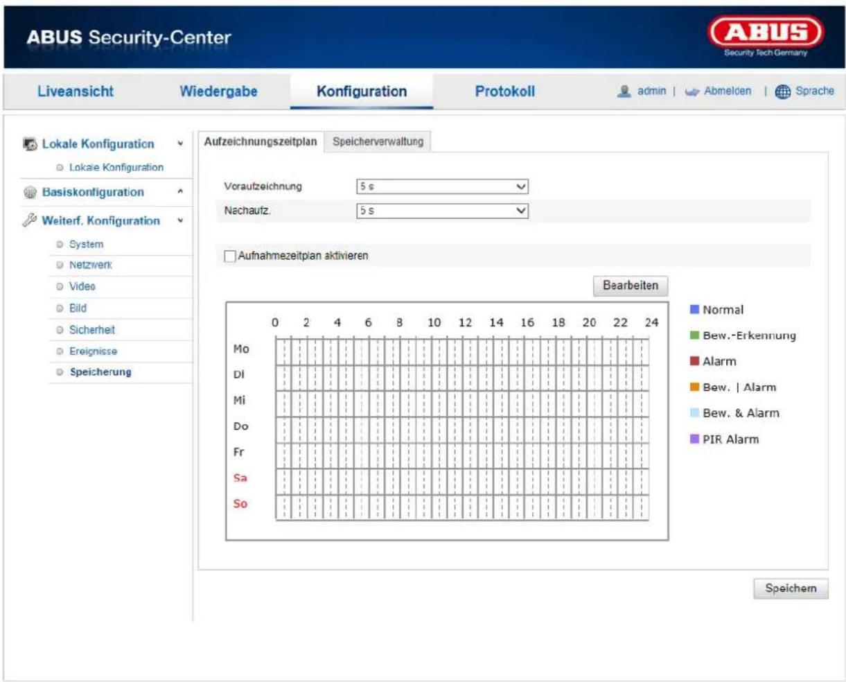 ABUS Security-Center Liveansicht Wiedergabe Konfiguration Protokoll admin Abmelden Sprache Lokale Konfiguration Lokale Konfiguration Basiskonfiguration Weiterf. Konfiguration System Netzwerk Video Bild Sicherheit Ereignisse Speicherung Aufzeichnungszeitplan Speicherverwaltung Voraufzeichnung 5 s Nachaufz: 5 s Aufnahmezeitplan aktivieren Bearbeiten Normal Bew.-Erkennung Alarm Bew. | Alarm Bew. & Alarm PIR Alarm Speichern