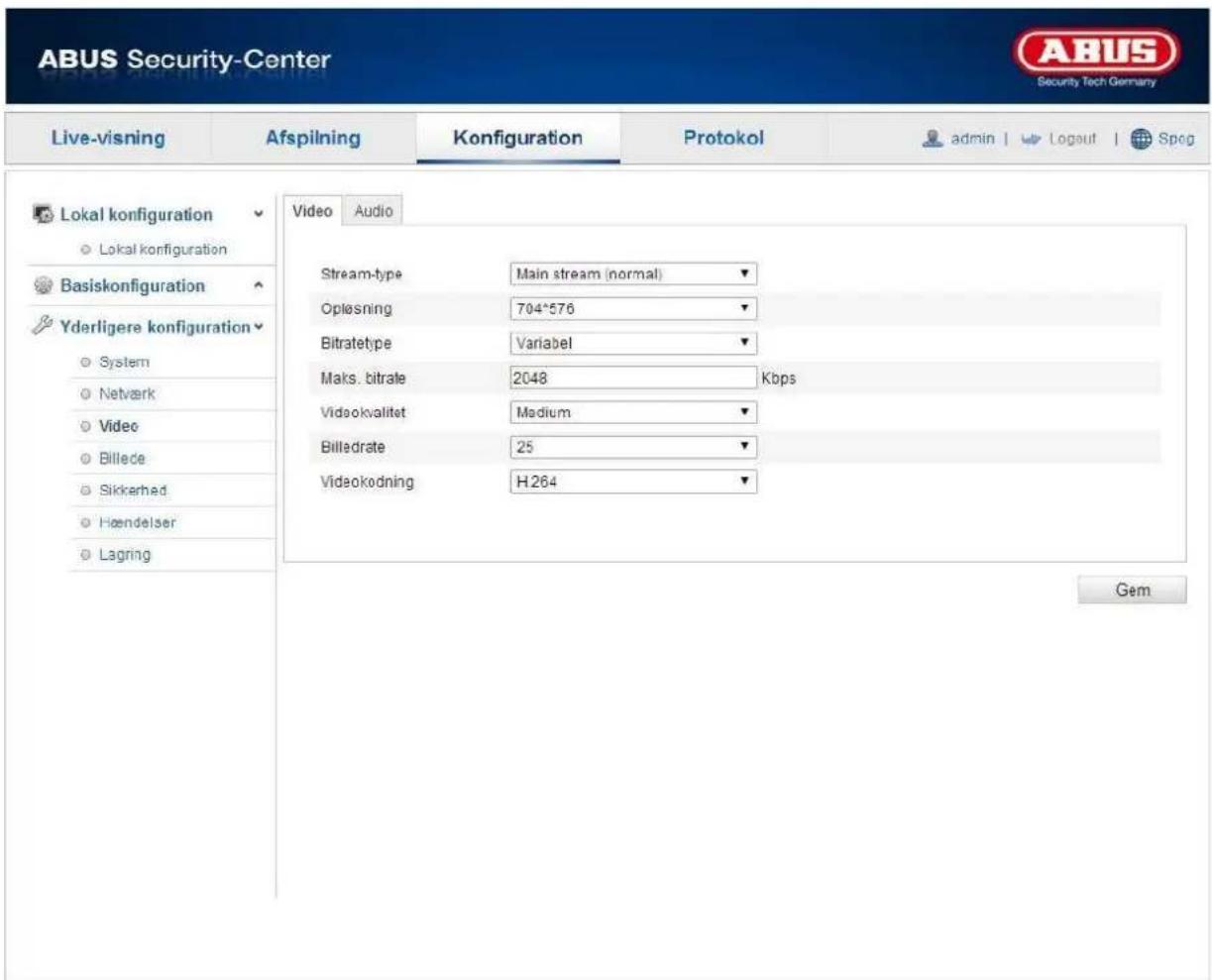 ABUS Security-Center Live-visning Afspilning Konfiguration Protokol admin | Logout | Spog Lokal konfiguration Lokal konfiguration Basiskonfiguration Yderligere konfiguration System Netvark Video Billede Sikkerhed Hændelser Lagring Video Audio Stream-type Main stream (normal) Oplösning 704*576 Bitratetype Variabel Maks. bitrate 2048 Kbps Vidookvalitet Medium Billedrate 25 Videokodning H264 Gem