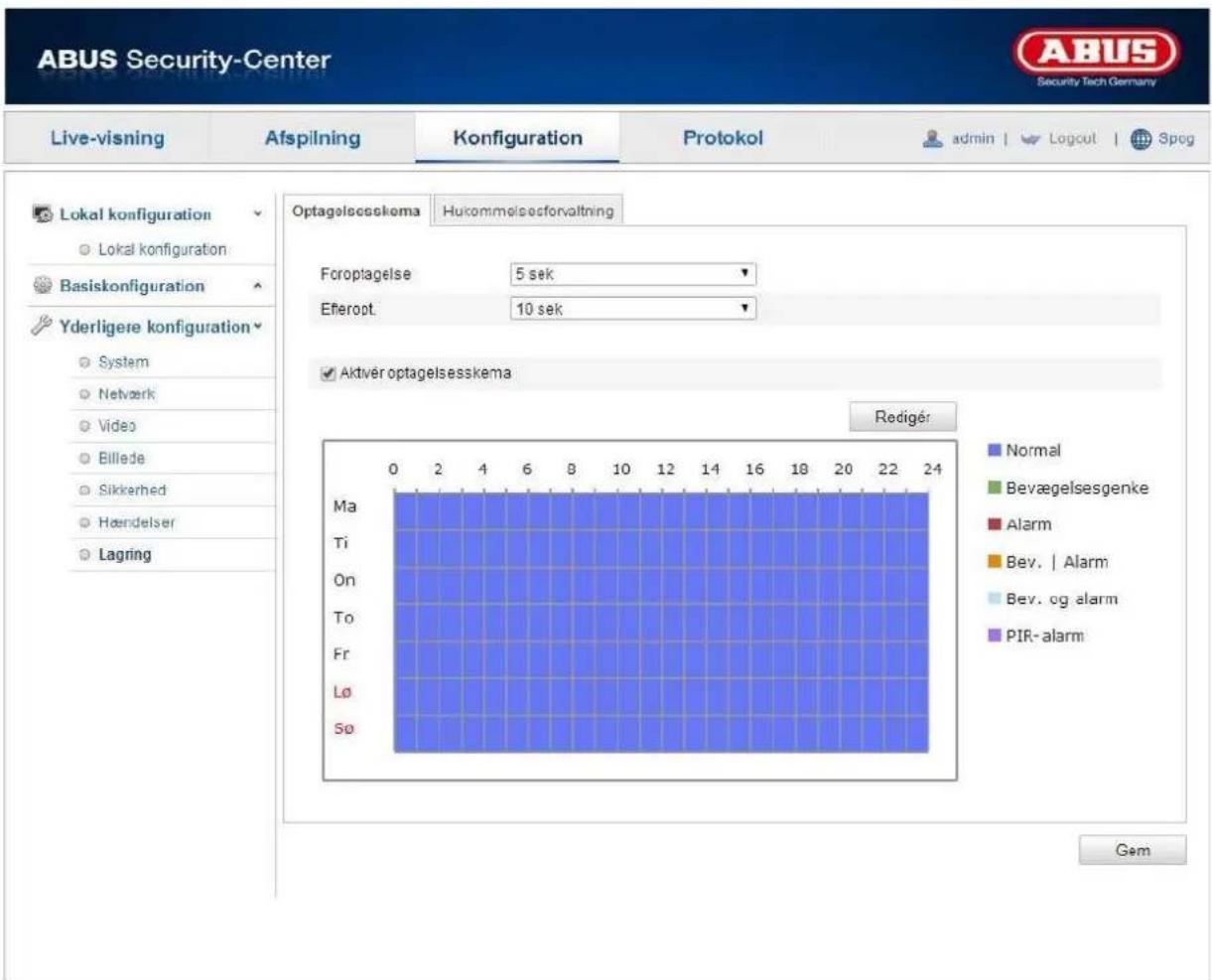 ABUS Security-Center Live-visning Afspilning Konfiguration Protokol admin | Logout | Spog Lokal konfiguration Lokal konfiguration Basiskonfiguration Yderligere konfiguration System Netværk Video Billede Sikkerhed Hændelser Lagring Optagelsesskema Hukommelsesforvaltning Foroptagelse 5 sek Eferopt 10 sek Aktiver optagelsesskema Rediger Ma Ti On To Fr Lø So Normal Bevægelsesgenke Alarm Bev. | Alarm Bev. og alarm PIR-alarm Gem
