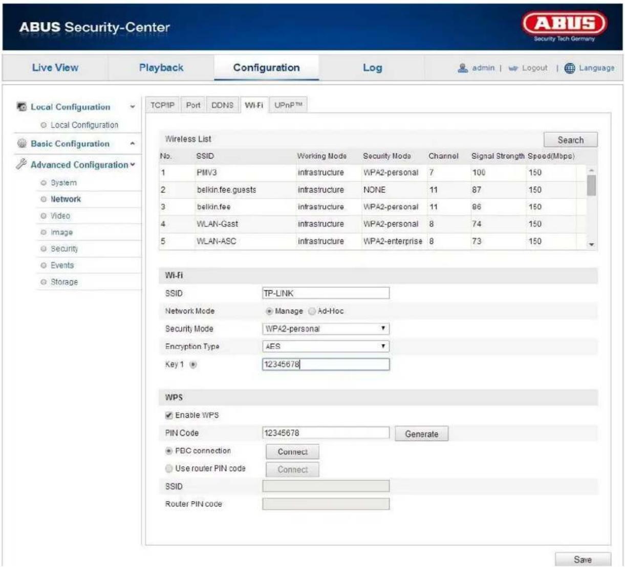 ABUS Security-Center Security Tech Germany Live View Playback Configuration\Log-admin | Logout | Language Local Configuration Local Configuration Basic Configuration Advanced Configuration System Network Video Image Security Events Storage TCP/IP Port DDNS Wi-Fi_UPnP™ Wireless List Search No. SSID Working Mode Security Mode Channel Signal Strength Speed(Mbps) 1 PMV3 infrastructure WPA2-personal 7 100 150 2 belkin.fee.guests infrastructure NONE 11 87 150 3 belkin.fee infrastructure WPA2-personal 11 86 150 4 WLAN-Gast infrastructure WPA2-personal 8 74 150 5 WLAN-ASC infrastructure WPA2-enterprise 8 73 150 Wi-Fi SSID TP-LINK Network Mode.Manage Ad-Hoc Security Mode WPA2-personal Encryption Type AES Key 1 12345678 WPS Enable WPS PIN Code 12345678Generate FBC connection Connect Use router PIN code Connect SSID Router PIN code Save