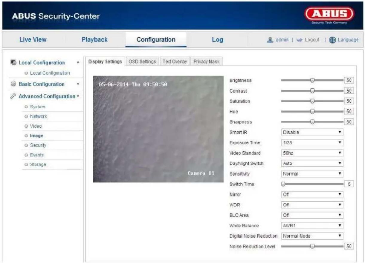 ABUS Security-Center Live View Playback Configuration\Log admin | Logout | Language Local Configuration Local Configuration Basic Configuration Advanced Configuration System Network Video Image Security Events Storage Display Settings OSD Settings(Text Overlay Privacy Mask 05-06-2014 Thu 09:50:50 Camera 01 Brightness 50 Contrast 50 Saturation 50 Hue 50 Sharpness 50 Smart IR Disable Exposure Time 1/25 Video Standard 50hz Day/Night Switch Auto Sensitivity Normal Switch Time 5 Mirror Off WDR Off ELC Area Off White Balance AWB1 Digital Noise Reduction Normal Mode Noise Reduction Level 50