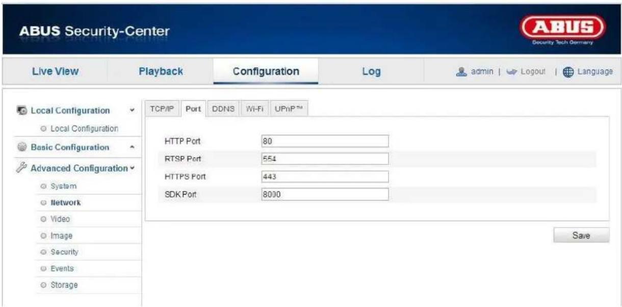 ABUS Security-Center Live View Playback Configuration\Log admin | Logout | Language Local Configuration ○ Local Configuration Basic Configuration Advanced Configuration ○ System ○ Network ○ Video ○ Image ○ Security ○ Events ○ Storage TCP/IP Port DDNS Wi-Fi UPnP™ HTTP Port 80 RTSP Port 554 HTTPS Port 443 SDK Port 8000 Save