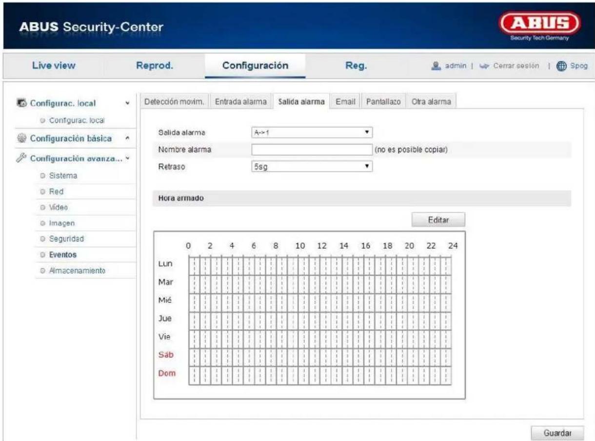 ABUS Security-Center Live view Reprod. Configuración Reg. admin | Cerrar sesión | Spog Configurac. local Configurac. local Configuración básica Configuración avanza... Sistema Red Video Imagen Seguridad Eventos Almacenamiento Detección movim. Entrada alarma Salida alarma Email Pantallazo Otra alarma Salida alarma A→1 Nombre alarma (no es posible copiar) Retraso 5sg Hora armado Editor Lun Mar Mié Jue Vie Sáb Dom 0 2 4 6 8 10 12 14 16 18 20 22 24