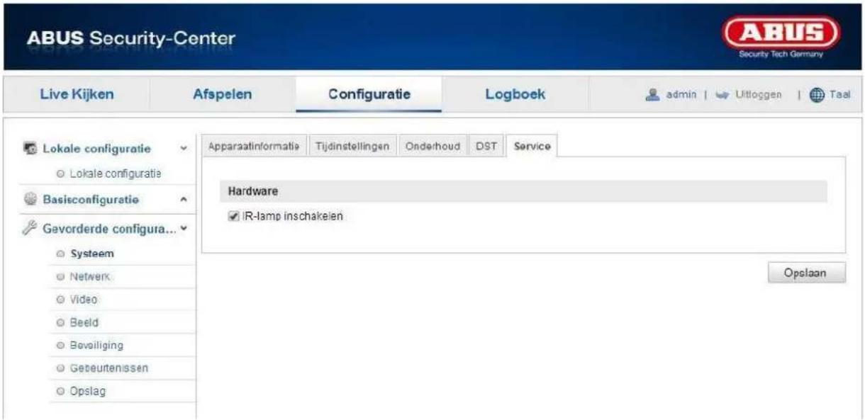 ABUS Security-Center Live Kijken Afspelen Configuratie Logboek admin | Uitloggen | Taal Lokale configuratie Lokale configuratie Basisconfiguratie Gevorderde configura... Systeem Netwerk Video Beeld Beveliging Gebeutenissen Opslag Apparaatinformatie Tijdinstellingen Onderhoud DST Service Hardware IR-lamp inschakelen Opslaan