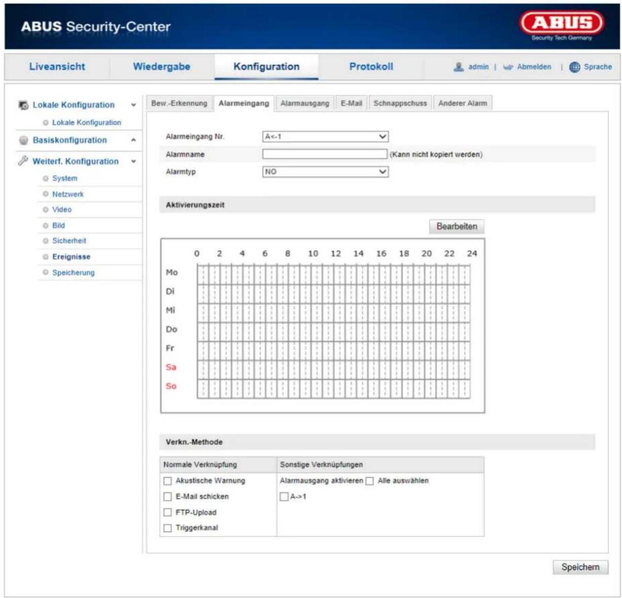 ABUS Security-Center Liveansicht Wiedergabe Konfiguration Protokoll admin | Abmelden | Sprache Lokale Konfiguration Lokale Konfiguration Basiskonfiguration Weiterf. Konfiguration System Netzwerk Video Bild Sicherheit Ereignisse Speicherung Bew.-Erkennung Alarmeingang Alarmausgang E-Mail Schnappschuss Anderer Alarm Alarmeingang Nr. A<-1 Alarmname (Kann nicht kopiert werden) Alarmtyp NO Aktivierungszeit Bearbeiten 0 2 4 6 8 10 12 14 16 18 20 22 24 Mo Di Mi Do Fr Sa So Verkn.-Methode Normale Verknüpfung Sonstige Verknüpfungen Akustische Warnung Alarmausgang aktivieren Alle auswählen E-Mail schicken A->1 FTP-Upload Triggerkanal Speichern