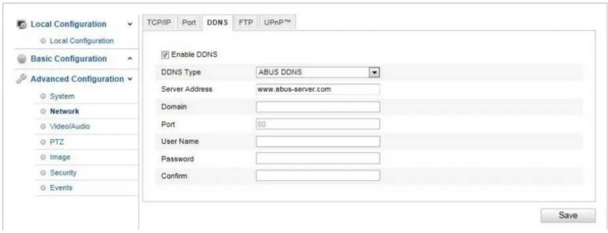 Local Configuration Local Configuration Basic Configuration Advanced Configuration System Network Video/Audio PTZ Image Security Events TCP/IP Port DDNS FTP UPnP™ Enable DDNS DDNS Type ABUS DDNS Server Address www.abus-server.com Domain Port 80 User Name Password Confirm Save